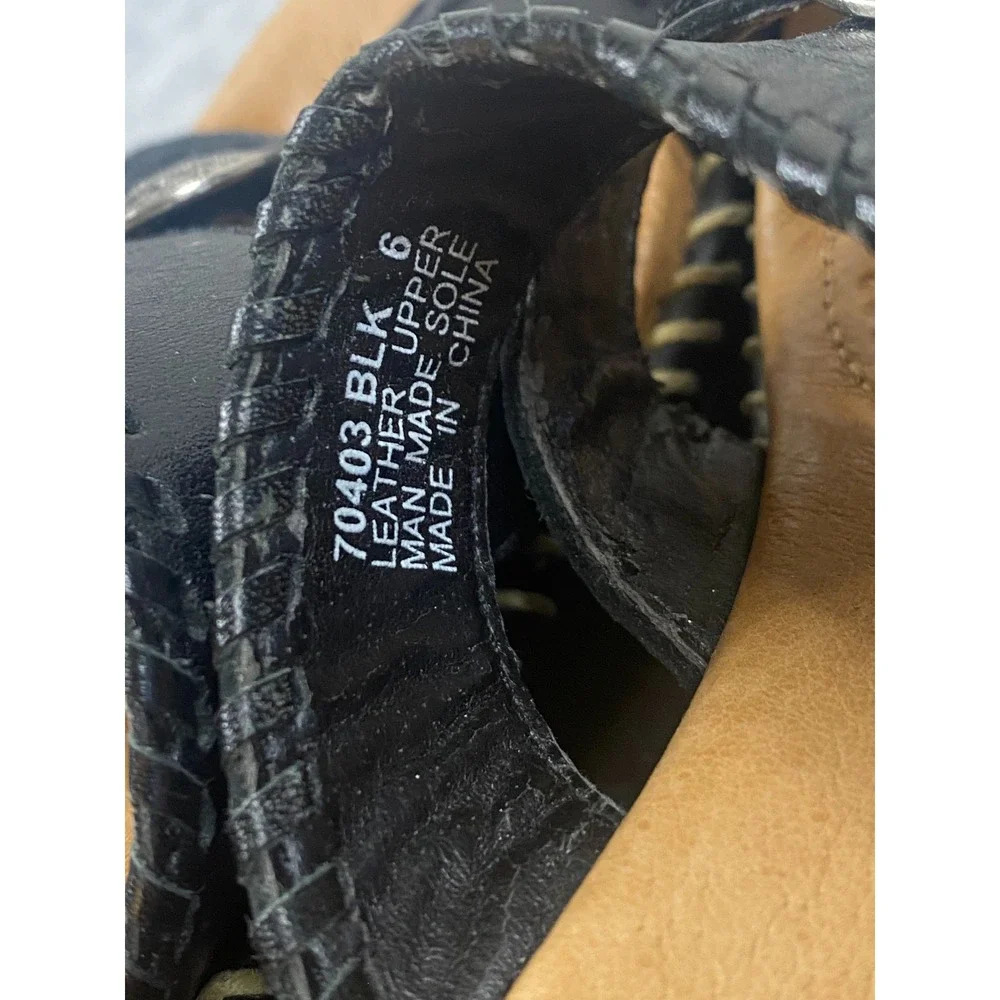 Minnetonka Womens Black Leather Wedge‎ Sandals Strappy Concho Slide Size 6